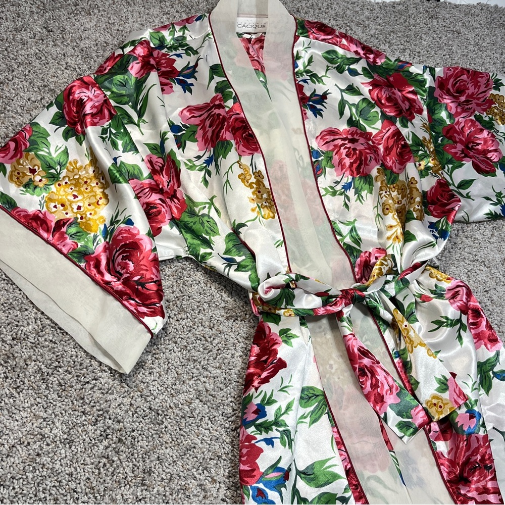 Vintage Cacique Satin Floral Robe with Chiffon Trim Kimono Sleeves Size L